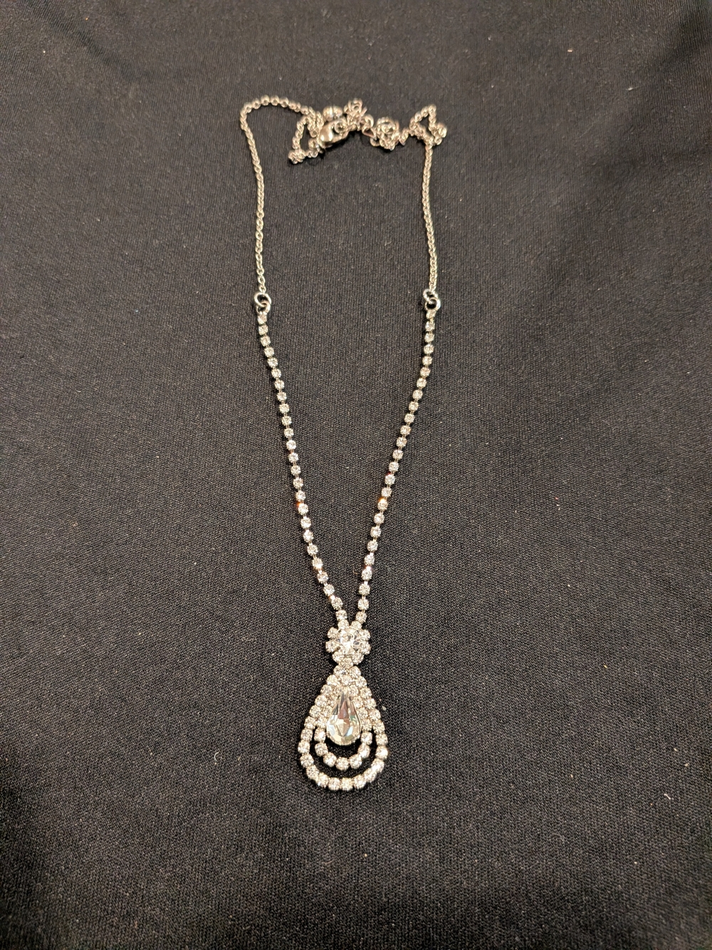 Crystal Teardrop Pendant Necklace - Silver Tone 9.5"